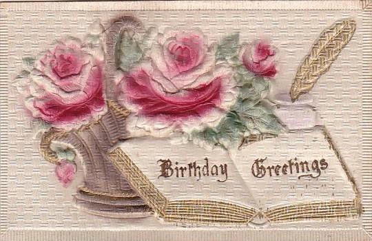 Birthday Greetings Open Book Red Roses Embossed