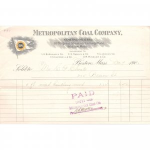 1900 Antique Billhead - Metropolitan Coal Company - Congress Street, Boston