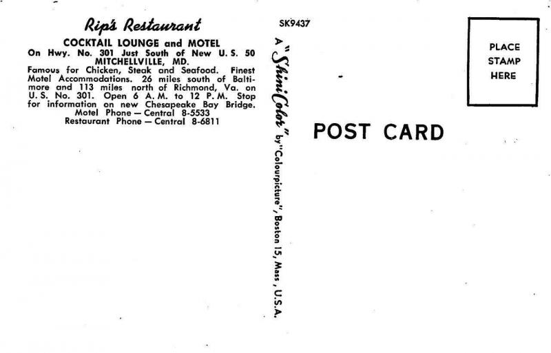 MITCHELLVILLE, MD Maryland  RIP'S RESTAURANT~MOTEL  Roadside  c1950's Postcard 
