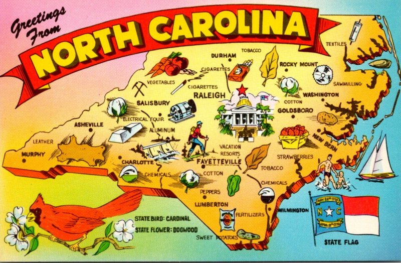 North Carolina Greetings With Map and State Flag and Bird