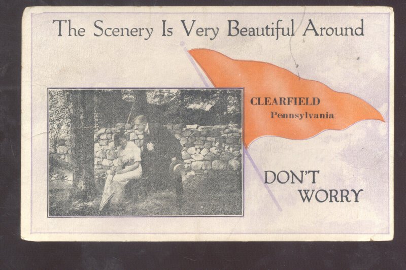 CLEARFIELD PENNSYLVANIA PA. LOVERS ORANGE PENNANT VINTAGE POSTCARD 1914