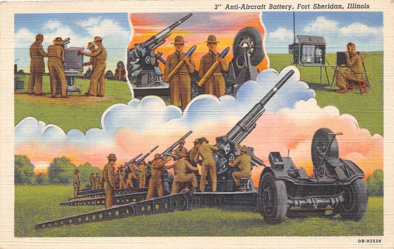 Anti Aircraft Battery 3 inch Guns US Army Fort Sheridan Illinois WWII postcard