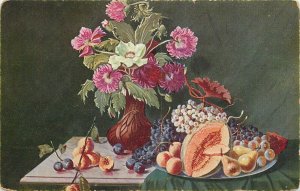 Still life vintage postcard flower vase fruits