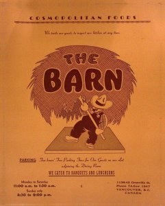 1950s THE BARN RESTAURANT VANCOUVER B.C. CANADA MENU GRANVILLE ST EXC W69