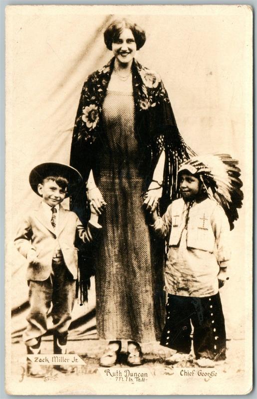 GIANTESS RUTH DINCAN KIDS INDIAN CHIEF GEORGIO ANTIQUE REAL PHOTO POSTCARD RPPC