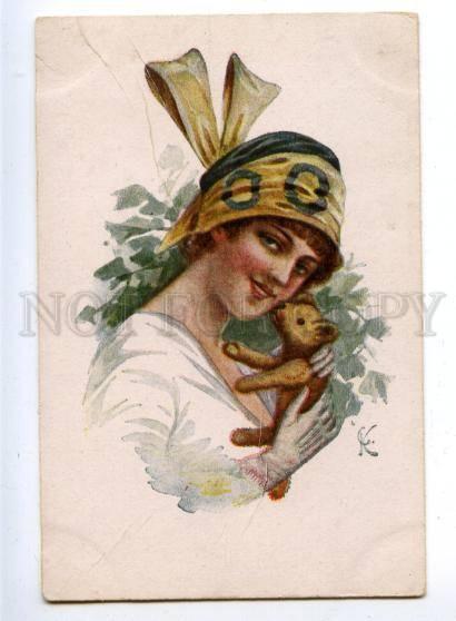 160494 Lady w/ TEDDY BEAR by KUSCHENKO Vintage Color PC