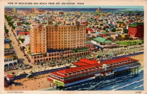 USA View of Boulevard And Beach From Air Galveston Texas Linen Postcard 08.77