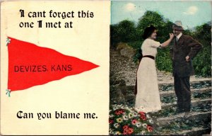 Advertising Postcard Pennant Flag Man and Woman Lovers Devizes, Kansas