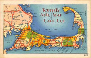 Tourists Auto Map of Cape Cod Massachusetts linen postcard