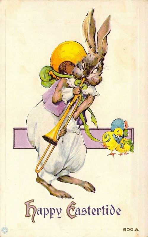 Big Eyed Easter Bunny Playing Trombone,  Animals,  Old Postcard