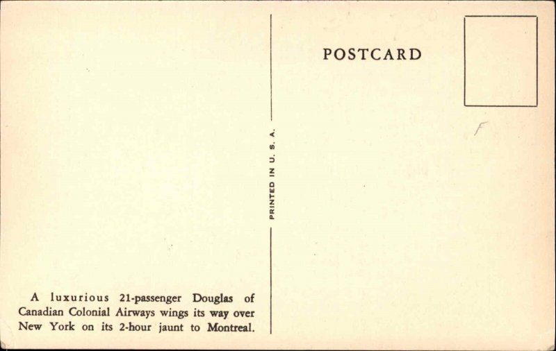 Canadian Colonial Airways Airplane New York City to Montreal SCARCE Postcard