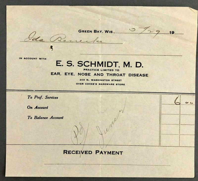 1929 Green Bay WI ES Schmidt MD Doctor Bill Invoice Receipt Ear Eye Nose Throat