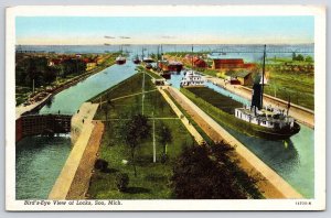 1945 Weitzel Lock Michigan MI Birds Eye View Boats Poe Lock Posted Postcard