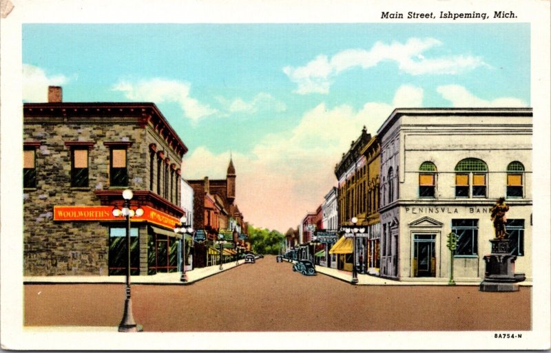 Linen Postcard Main Street in Ishpeming, Michigan
