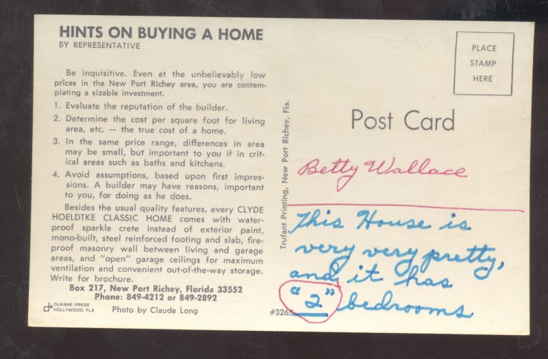 NEW PORT RICHEY FLORIDA HOW TO BUY A BOUSE REAL ESTATE ADVERTISING POSTCARD