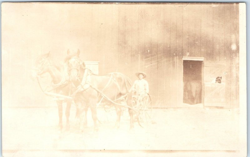 c1910 Horses Man Barn Farm Implement RPPC Real Photo Postcard Mystery Loc. A70