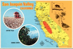 Postcard California Map - San Joaquin Valley Cotton Field Orange Grove