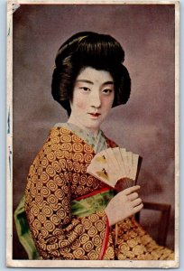 Japan Postcard Geisha Kimono Japanese Girl With Fan Studio Portrait c1910's