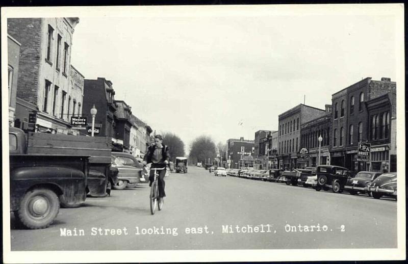 canada, MITCHELL, Ontario, Main Street, Bicycle, Car (1960s) RPPC