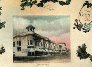 C.1910 Williams Groceries Broadway St Downtown Chico CA Hand Colored X-Mas P109