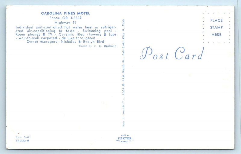 HIGHWAY 91, UTAH? ~ CAROLINA PINES MOTEL Pool c1950s  Roadside Postcard