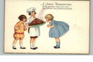 Thanksgiving Children w Turkey c1910 Postcard