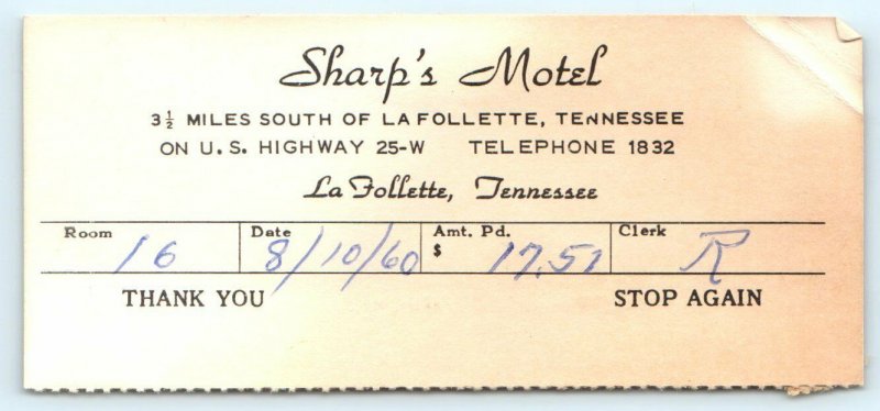 1960 La Follette, Tennessee Sharp's Motel US Highway 25-W Room Receipt Card C2 