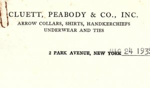 1939 CLUETT PEABODY & CO ARROW COLLARS SHIRTS NEW YORK BILLHEAD INVOICE Z2282