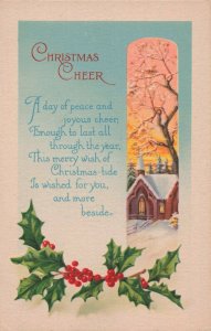 c.1912 Winter Country Church Scene Holly Berries Christmas Poem Postcard 2T6-460