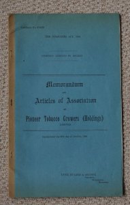Memorandum & Articles of Association of Pioneer Tobacco Growers Ltd 1949