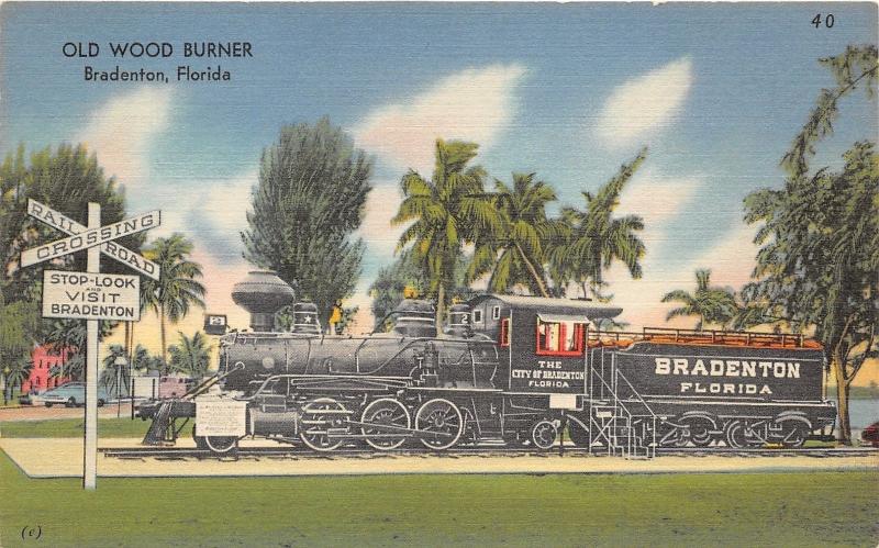 Bradenton Florida~Old Wood Burner Locomotive #2~Railroad Crossing Sign~1940s Pc