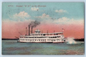 Muscatine Iowa Postcard Steamer W.W. Mississippi Ship Exterior View 1915 Vintage