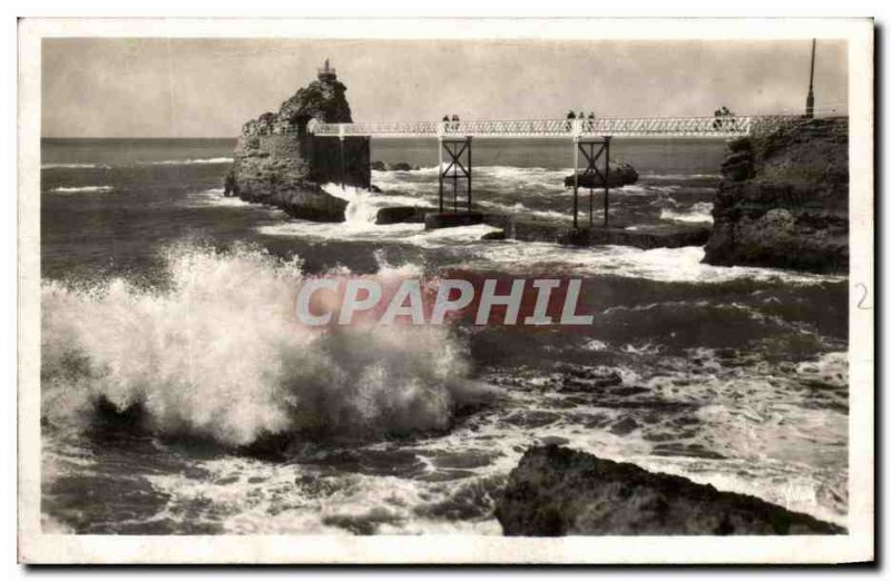 Old Postcard Biarritz The Rock of the Virgin by Heavy seas