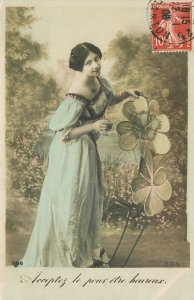 Postcard C-1910 Pretty French woman lucky clover hand tint 23-10917