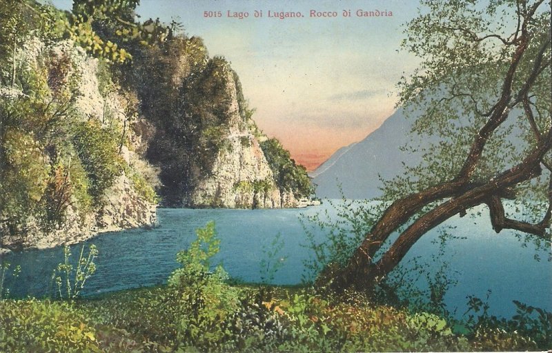 Beautiful view. Lago di Lugano.Rocco di Ganoria Old vintage Swiss postcard