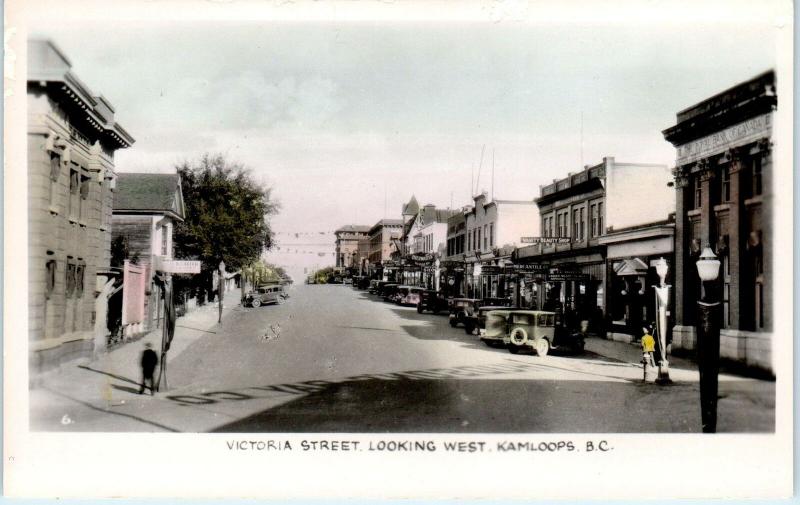 RPPC  KAMLOOPS, BC Canada  VICTORIA STREET Scene  c1930s  Cars & Signs  Postcard