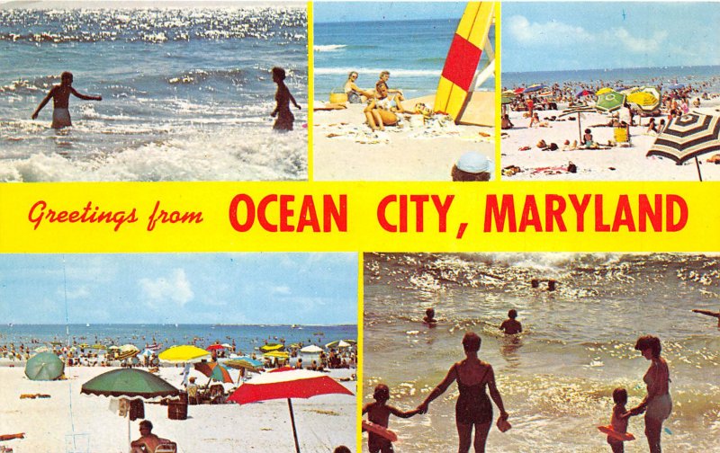 Ocean City Maryland 1960s Postcard Banner Multiview Beach Surf Sun Bathers