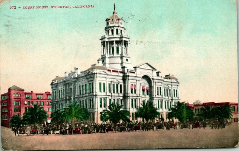 Vtg Postal 1908 Stockton California Ca Tribunal Casa Automobiles Calle Vista