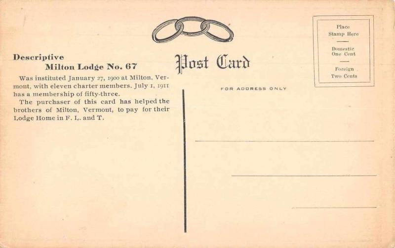 Milton Vermont Ioof Lodge No.67 Antique Postcard J70760