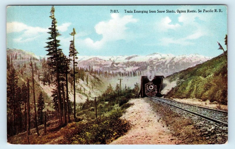 SIERRA NEVADA MOUNTAINS, CA ~ RAILROAD TRAIN Leaving SNOW SHEDS c1910s  Postcard