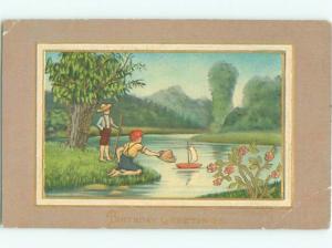 Pre-Linen BOYS PLAYING WITH LITTLE SAILBOAT TOY AC2084