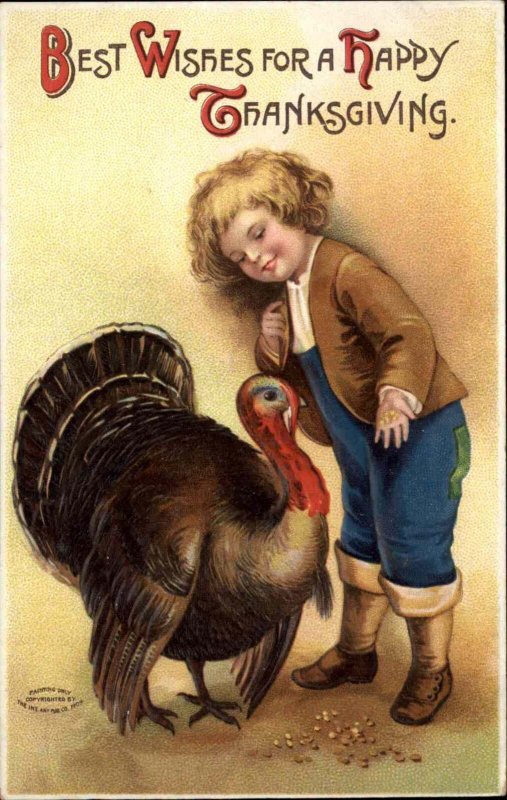 Clapsaddle Thanksgiving Sweet Little Boy with Live Turkey Int'l Art c1910 PC