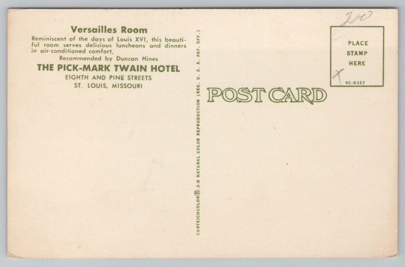 St Louis Missouri~Versailles Room~Pick Mark Twain Hotel~Vintage Postcard