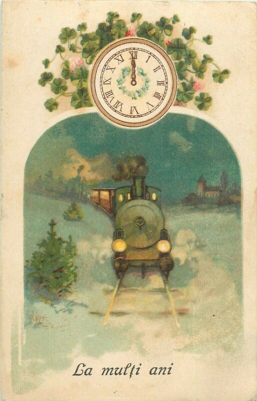 New Year luck train shamrock clock floral fantasy 1930 greetings Romania stamps