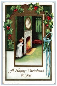 1914 Christmas Little Girl Fireplace Holly Berries Poughkeepsie NY Postcard
