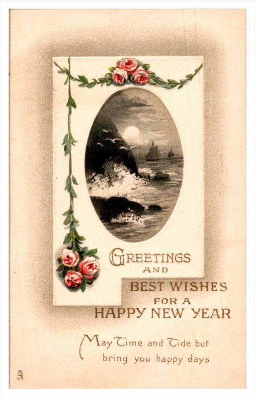 Happy New Year , Sailing ships, near shore  Tuck's no. 5016