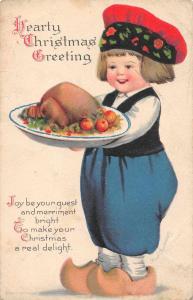 Christmas Greetings Dutch Boy Turkey Dinner Artist Signed Clapsaddle PC J46423