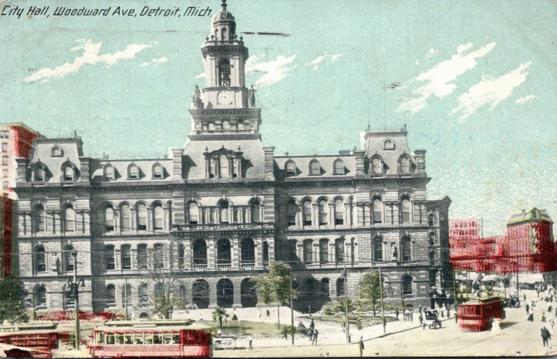 Michigan Detroit Trolleys At City Hall On Woodward Avenue 1912