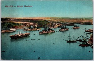 Malta Vistato dall Ufficio Revisione Stampa Grand Harbour Boats Ships Postcard