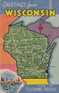 Greetings From Wisconsin With Map 1945 Curteich
